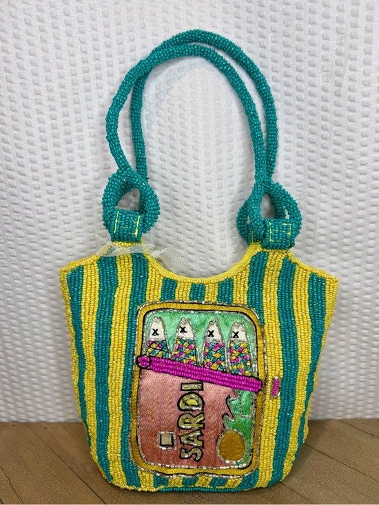 Marshalls Handbags - Viral Beaded Yellow & Teal Striped Sardine Tote